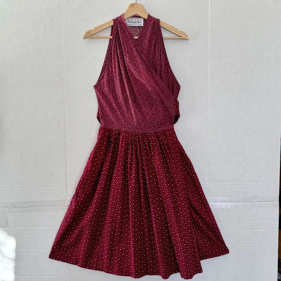 70s Vintage The Hirsh Girl Burgundy Ditzy Floral True Wrap Midi Dress Size Small - Picture 1 of 6